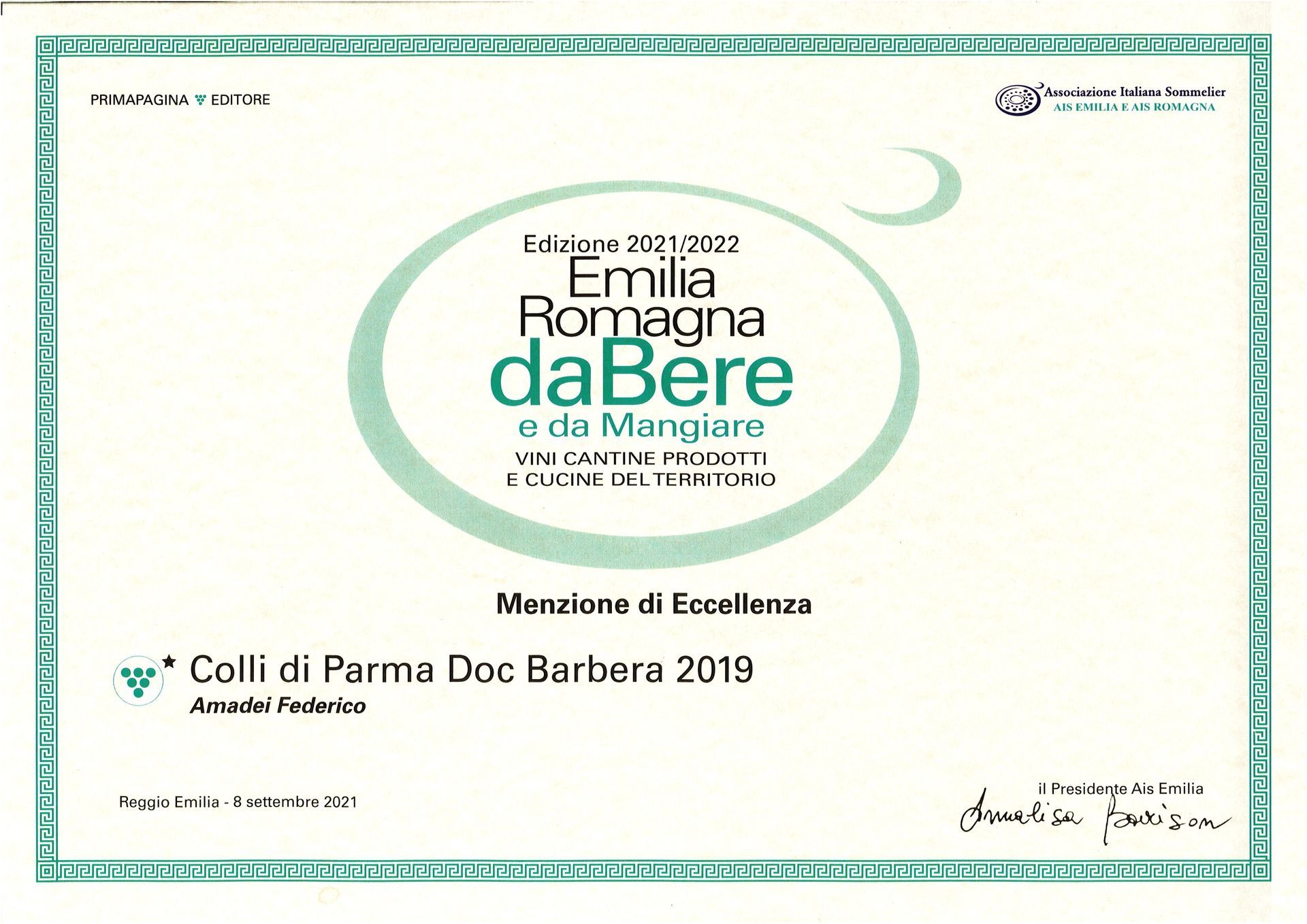 Certificate for “Emilia Romagna da Bere e da Mangiare” mentioning excellence for Colli di Parma Doc Barbera 2019.