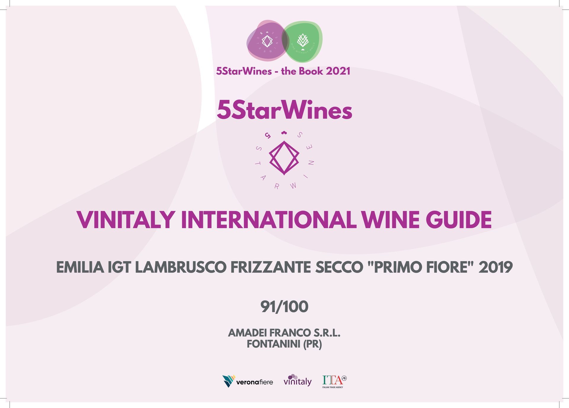 Certificato di riconoscimento viola della Guida Internazionale dei Vini 5StarWines/Vinitaly, con punteggio di 91/100 per il Lambrusco Emilia IGT.