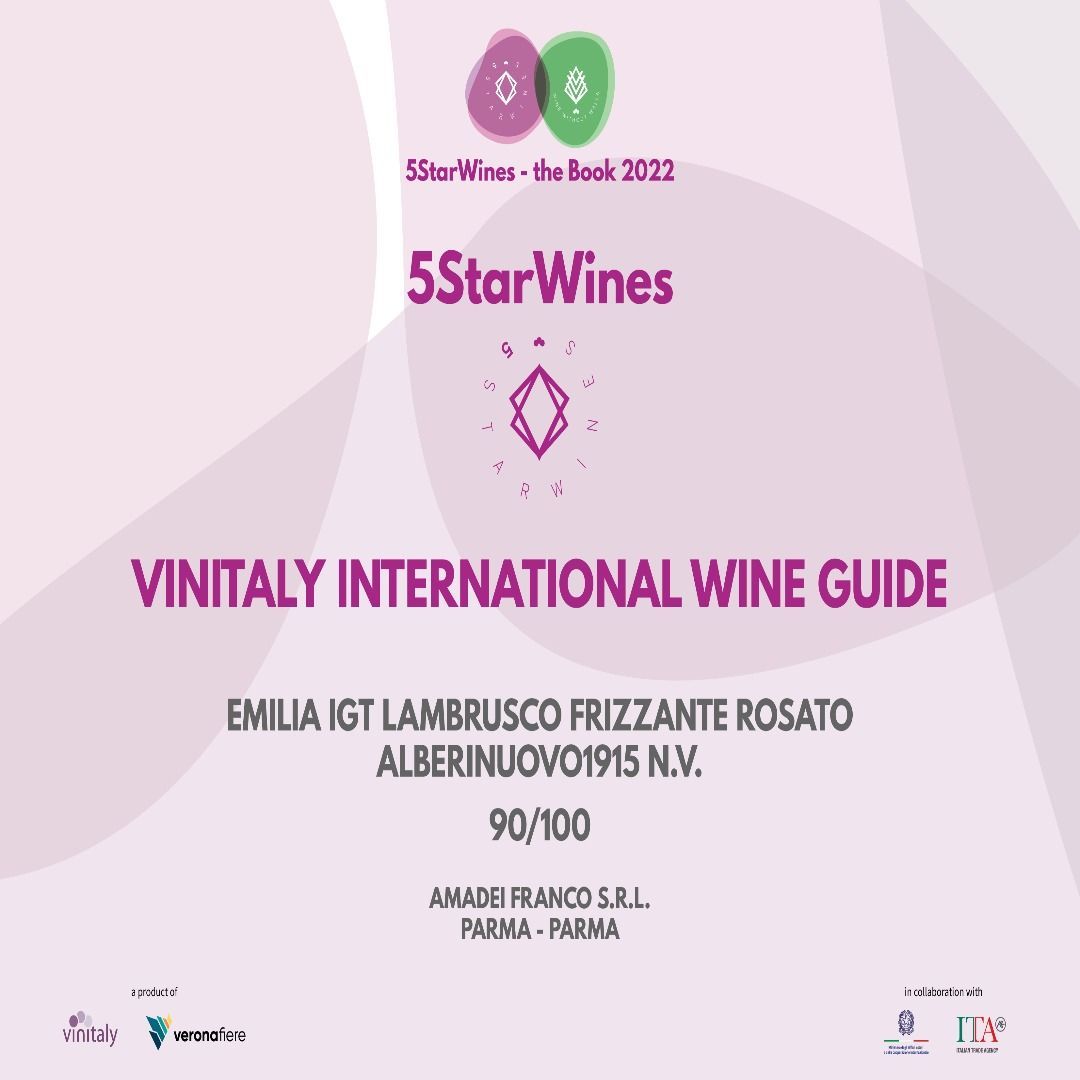5StarWines Vinitaly International Wine Guide award label for Emilia IGT Lambrusco Rosato, 90/100 score