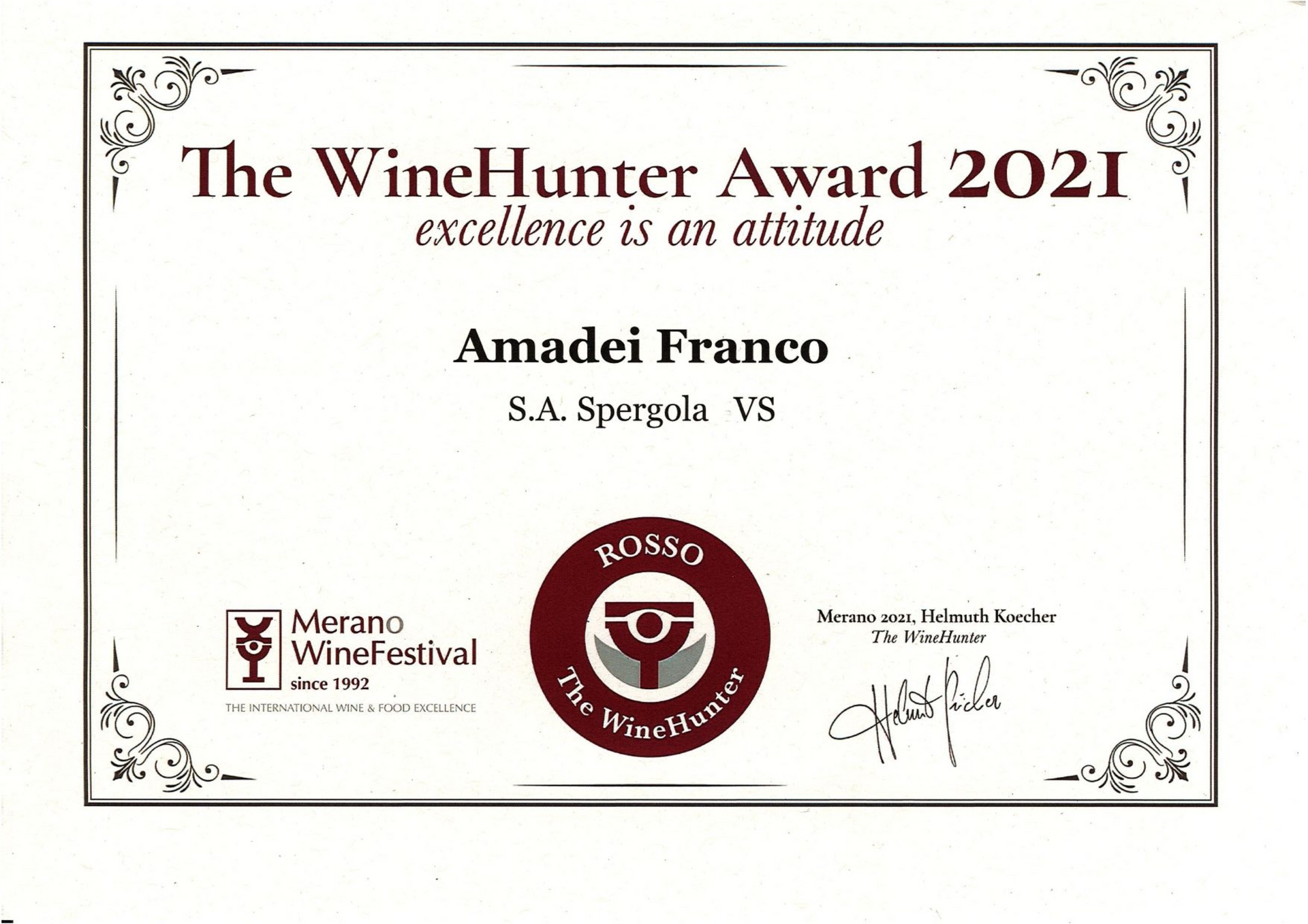 Certificato WineHunter Award 2021 per Amadei Franca, con sigillo rosso e bordo decorativo.