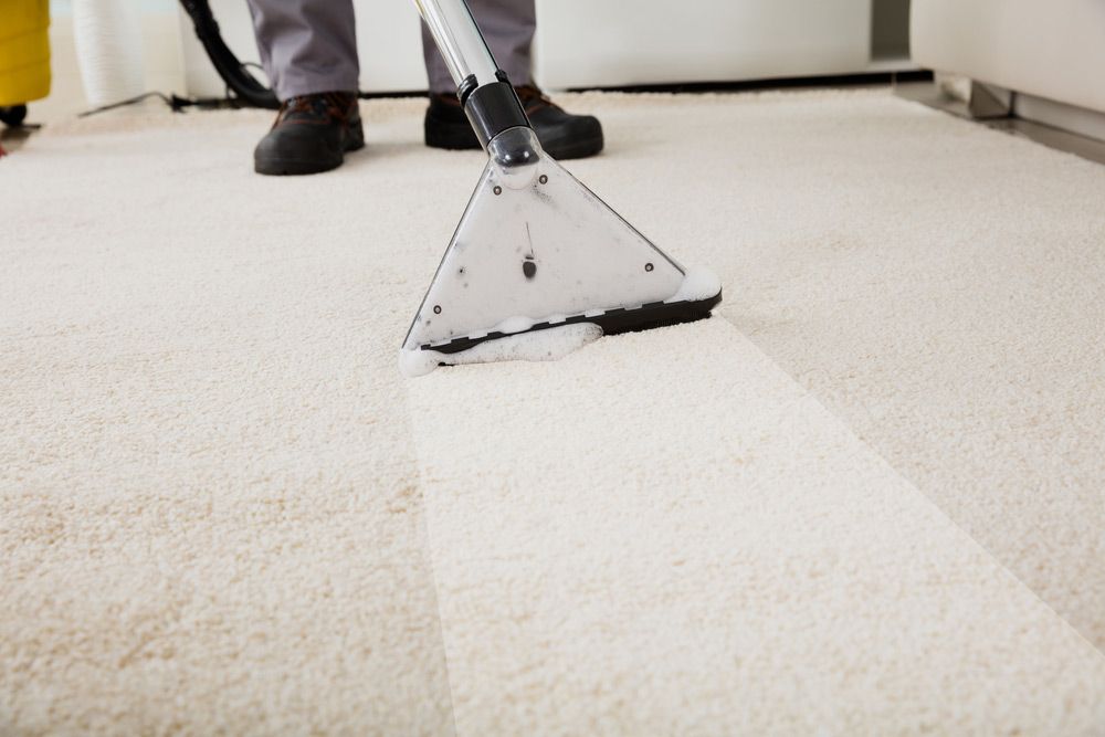 A Person Is Cleaning A White Carpet With A Vacuum Cleaner — Encore Carpet Professionals in Broadbeach, QLD 