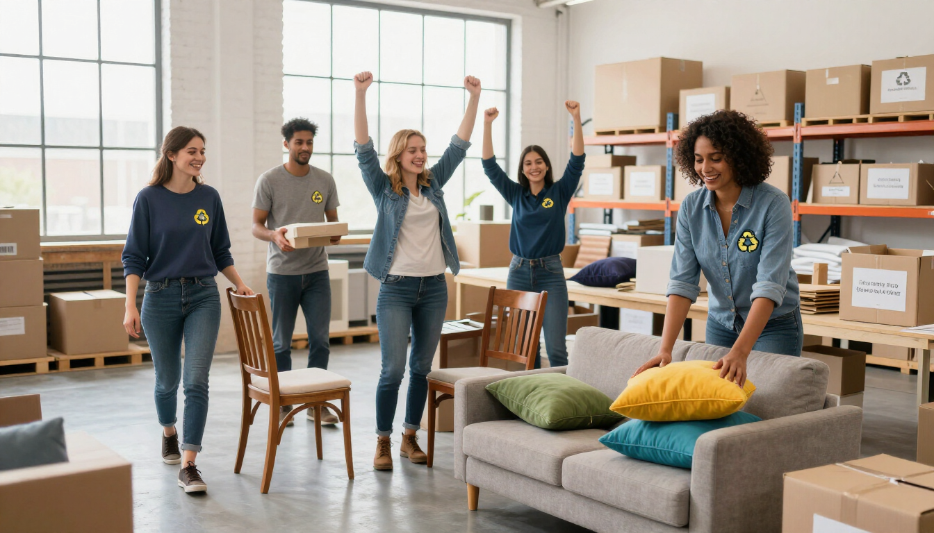 Team cheering in a bright room with boxes, moving furniture, and a laptop on a couch.