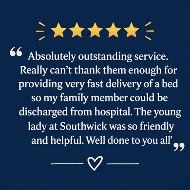 Five-star customer review praising fast bed delivery and friendly service from Southwick staff.