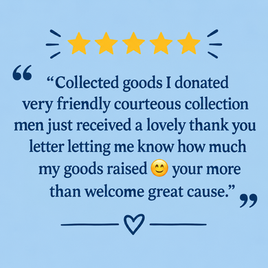 Blue thank-you quote with gold stars and heart praising a friendly donation collection letter.