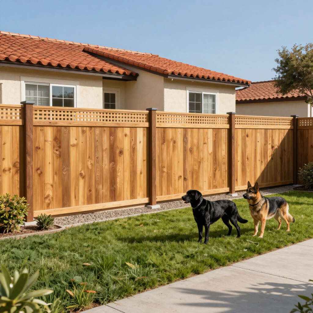 Two dogs on a sidewalk beside a wooden fence in front of a house with a red tile roof.
