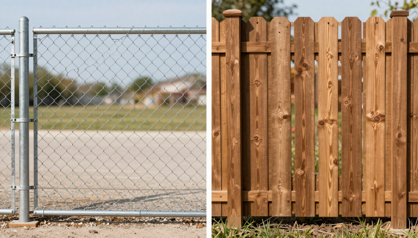 Chain-link fence beside a wooden privacy fence in an outdoor lot, split view of silver and brown fencing.