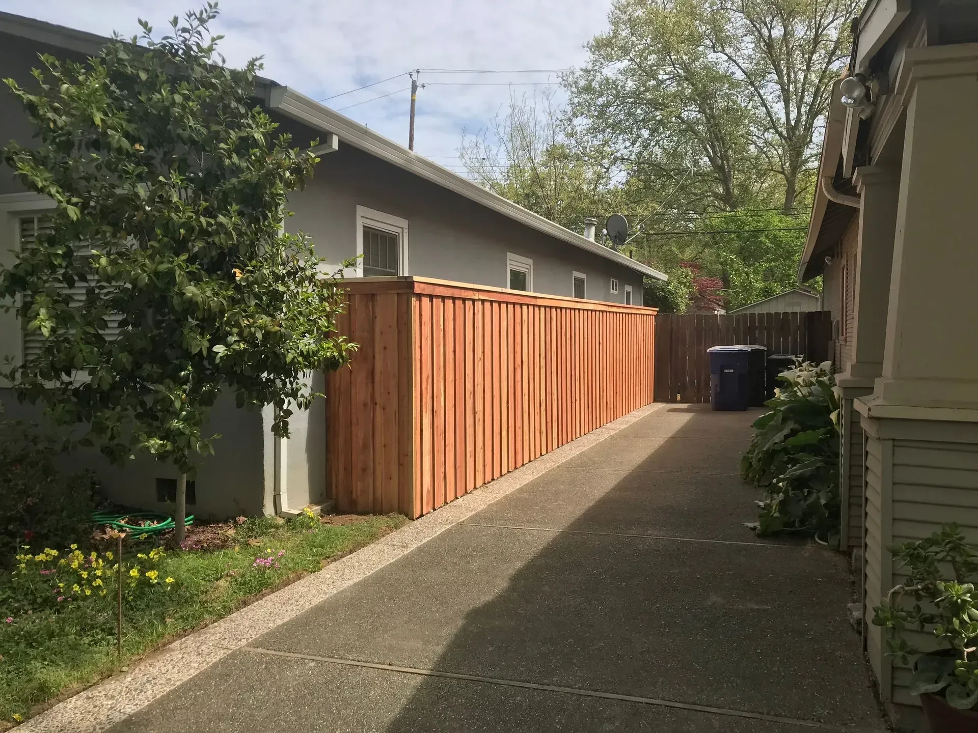 New wooden fence along a concrete driveway beside a grey house and a shorter building.