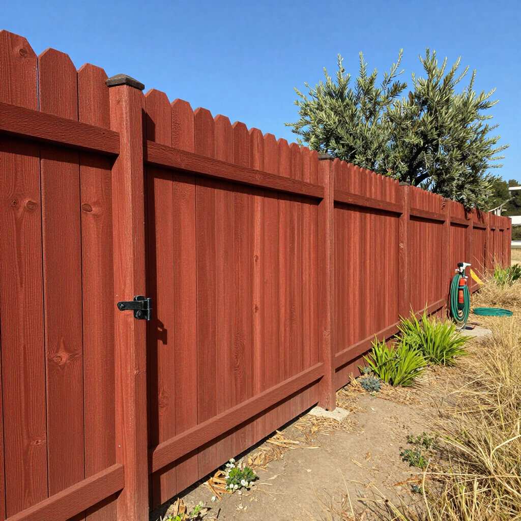 Red wooden fence along a dry yard, with a hose and trees behind it under a blue sky.