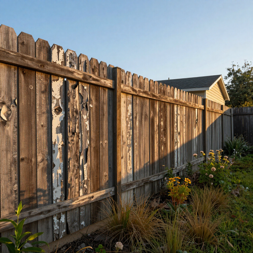 Sunlit wooden fence beside a small garden with wild grasses and flowers