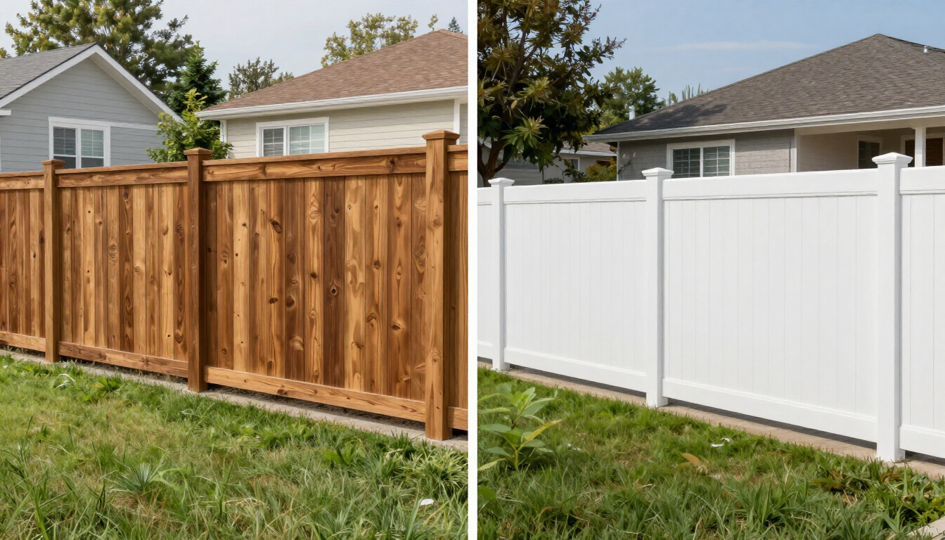 Before and after backyard fence: stained wood on left, white vinyl on right.