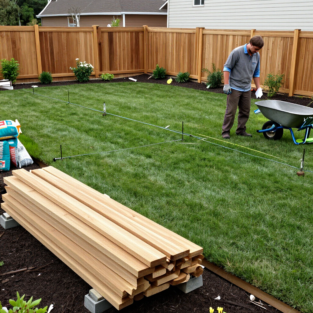 Man in blue shirt stacking lumber beside a wheelbarrow on a grassy backyard with a wooden fence