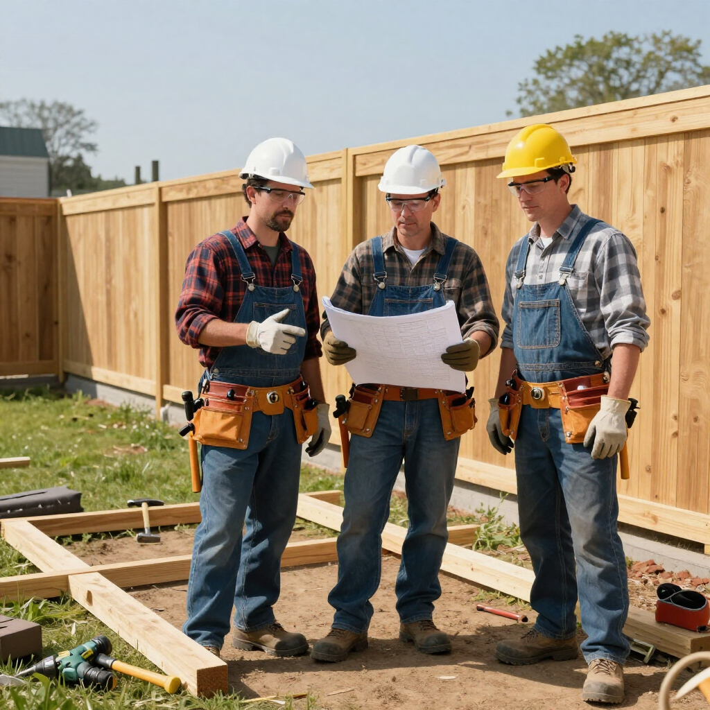 Three construction workers in hard hats review plans at a wooden building site.