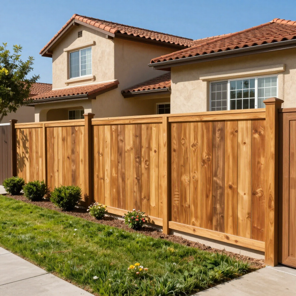 Wooden privacy fence in front of a stucco house with a tiled roof and small front yard.