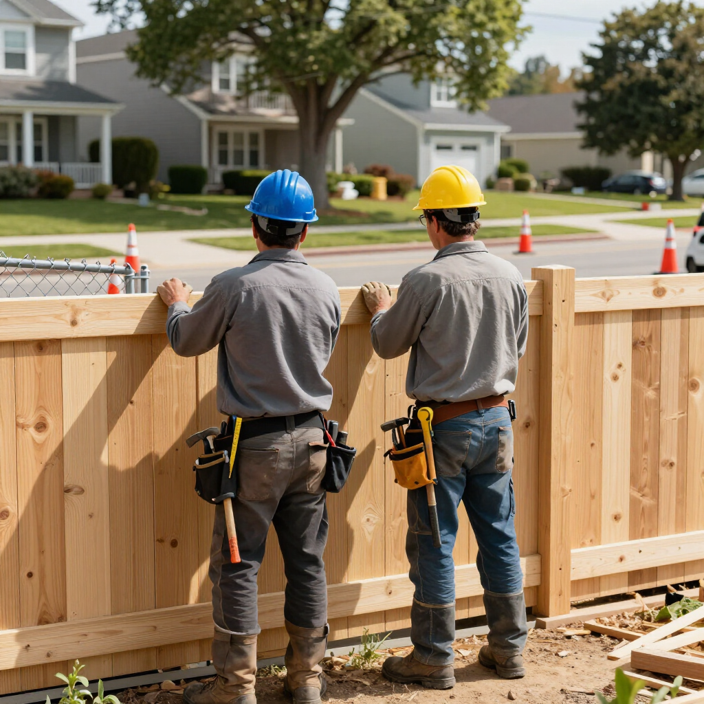 Two construction workers in blue and yellow hard hats install a wooden fence in a suburban yard.