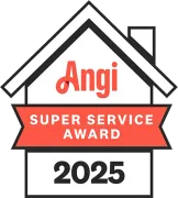 Angi Super Service Award 2025 badge: red Angi logo within a house outline; red banner with text; black 