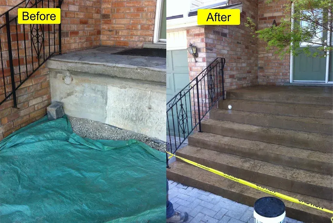 A before and after photo of a brick house with stairs.
