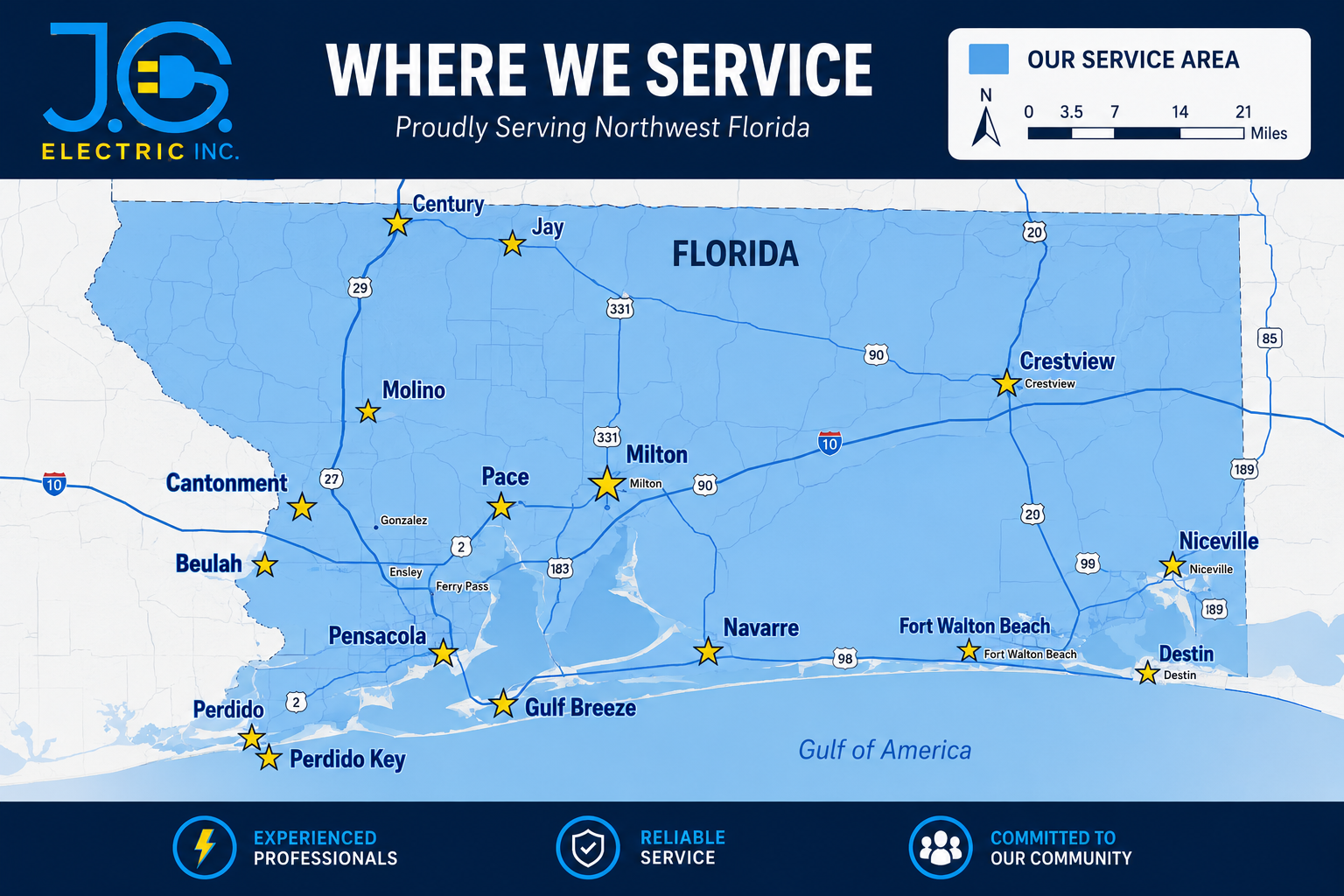 A map of the Florida Panhandle highlighted in blue, showing service areas with gold stars for cities like Pensacola.