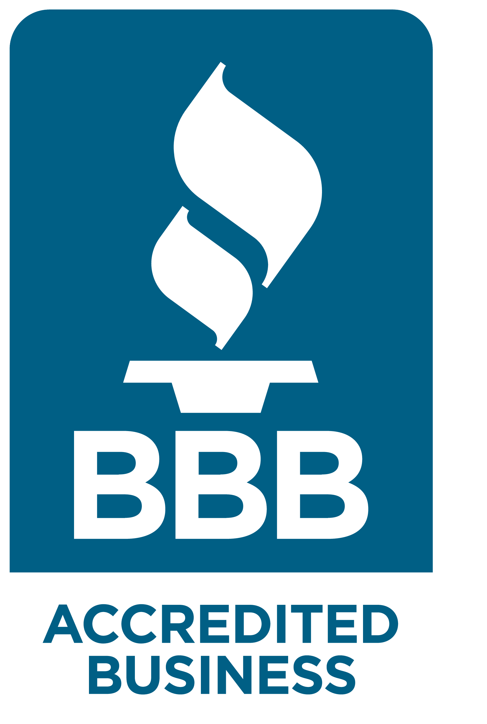 The Better Business Bureau (BBB) Accredited Business logo, featuring a white torch icon and text on a dark blue background.