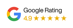 A Google logo next to five yellow stars and the text
