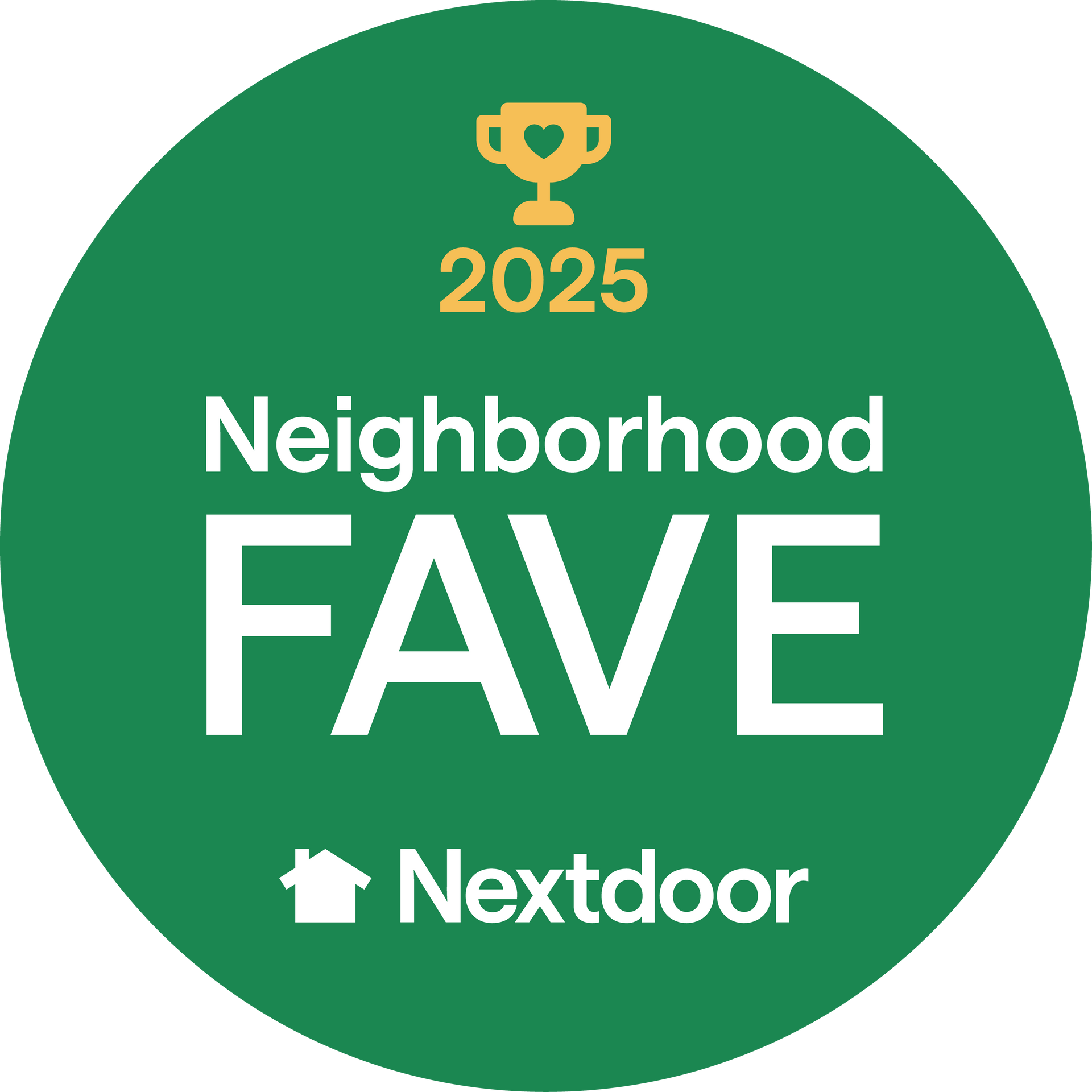 A green circular badge with a gold trophy icon above the text 