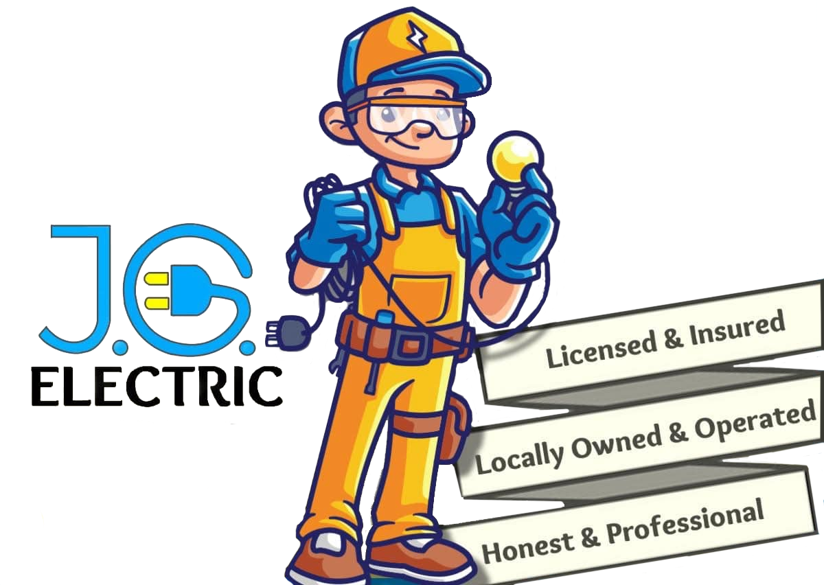 Logo for J.G. Electric featuring a cartoon technician holding a lightbulb with text listing company credentials.
