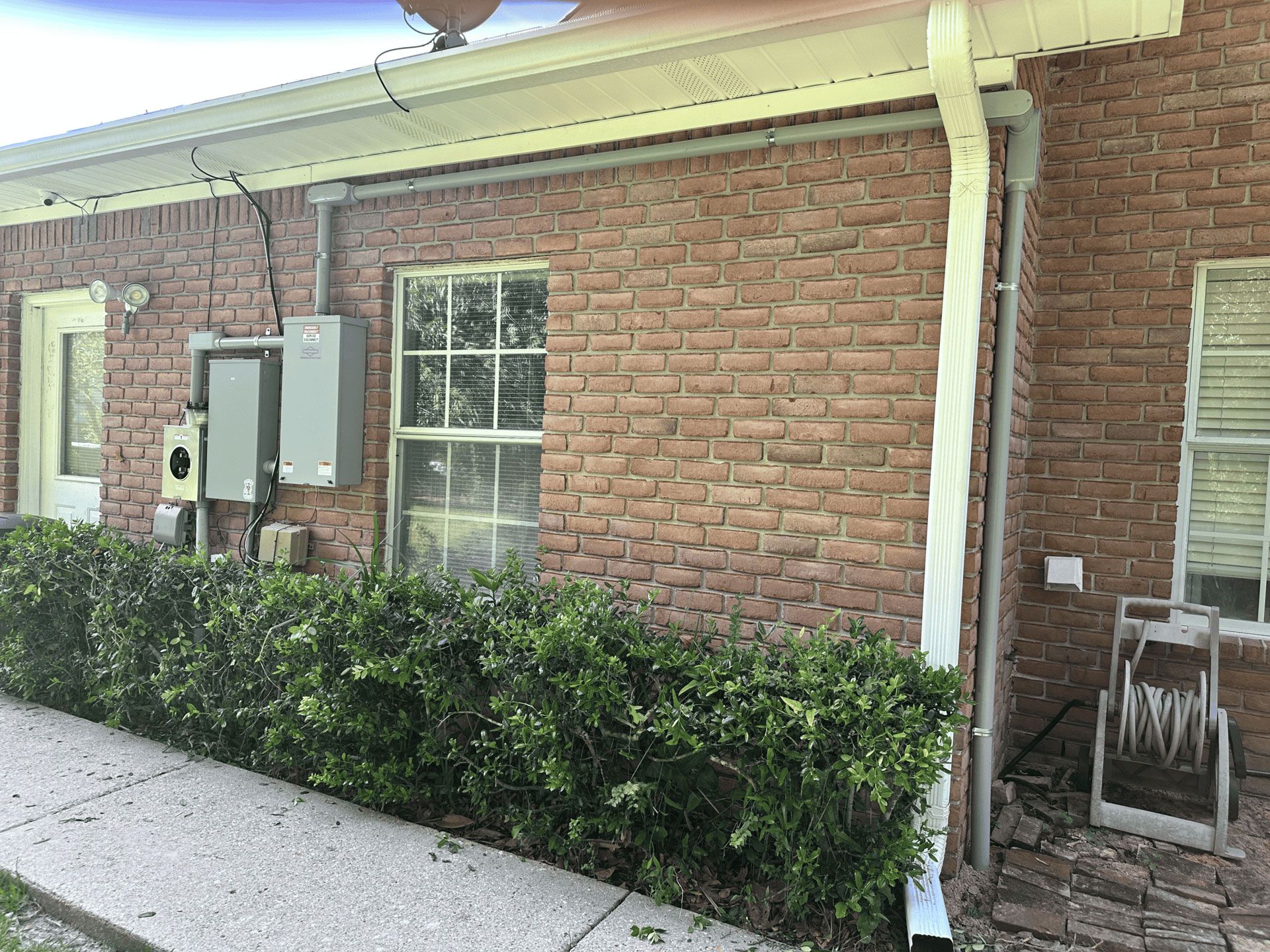 Exterior view of a brick building wall with a door, two windows, bushes, and an outdoor electrical utility box.