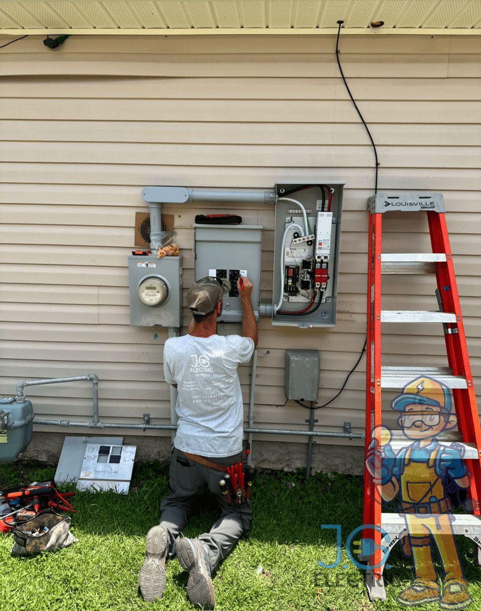 An electrician kneeling outdoors and installing electrical components in a wall-mounted panel next to a meter.
