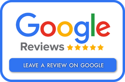 A white card with the Google logo, five yellow stars, and a blue button that says 