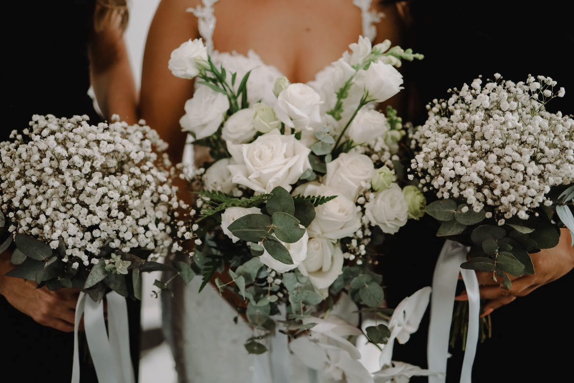 Bride Holding Three White Bouquets — Denise's Flower Studio In Dubbo, NSW