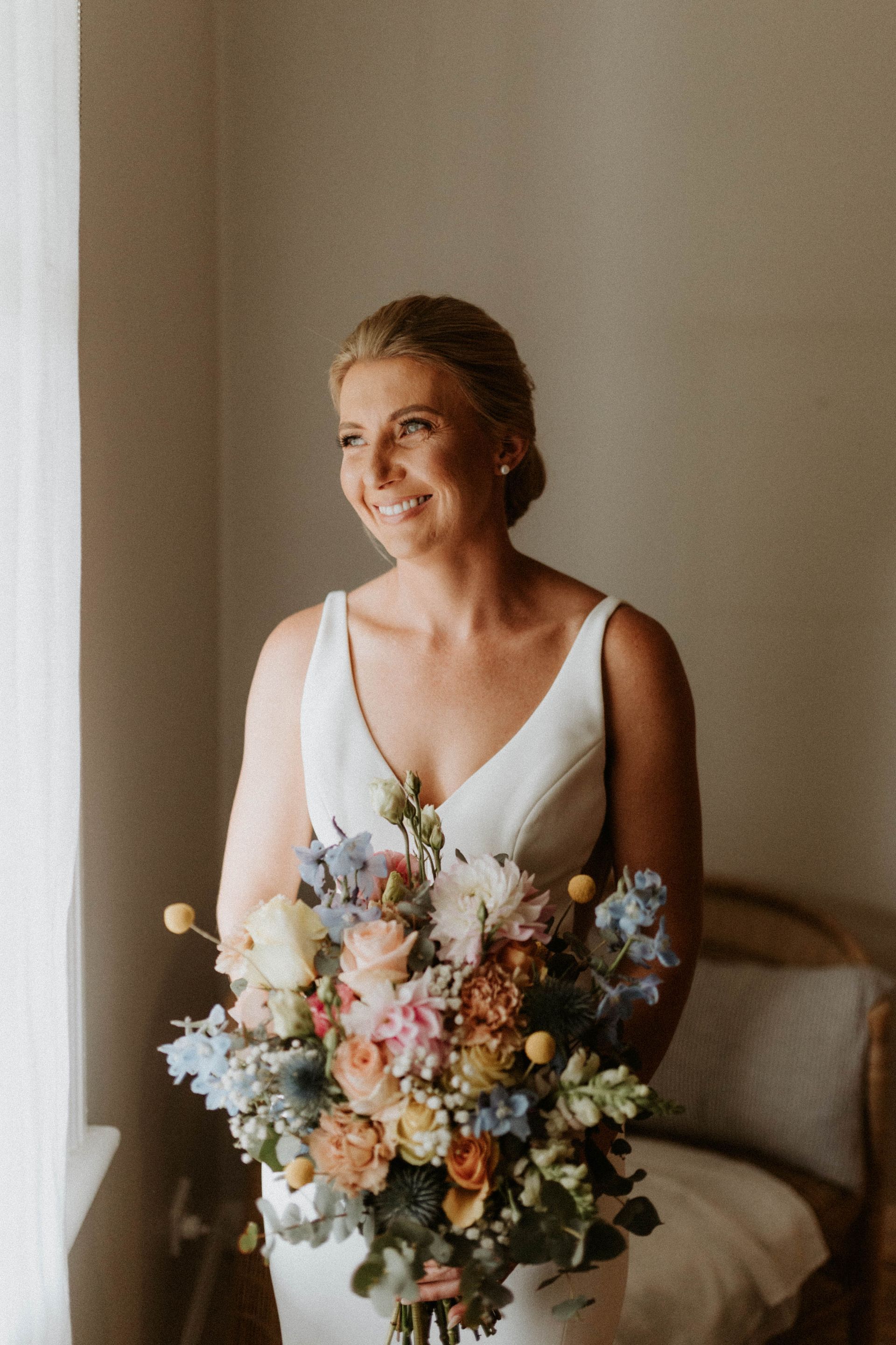 Bride in White Dress Smiles — Denise's Flower Studio In Dubbo, NSW