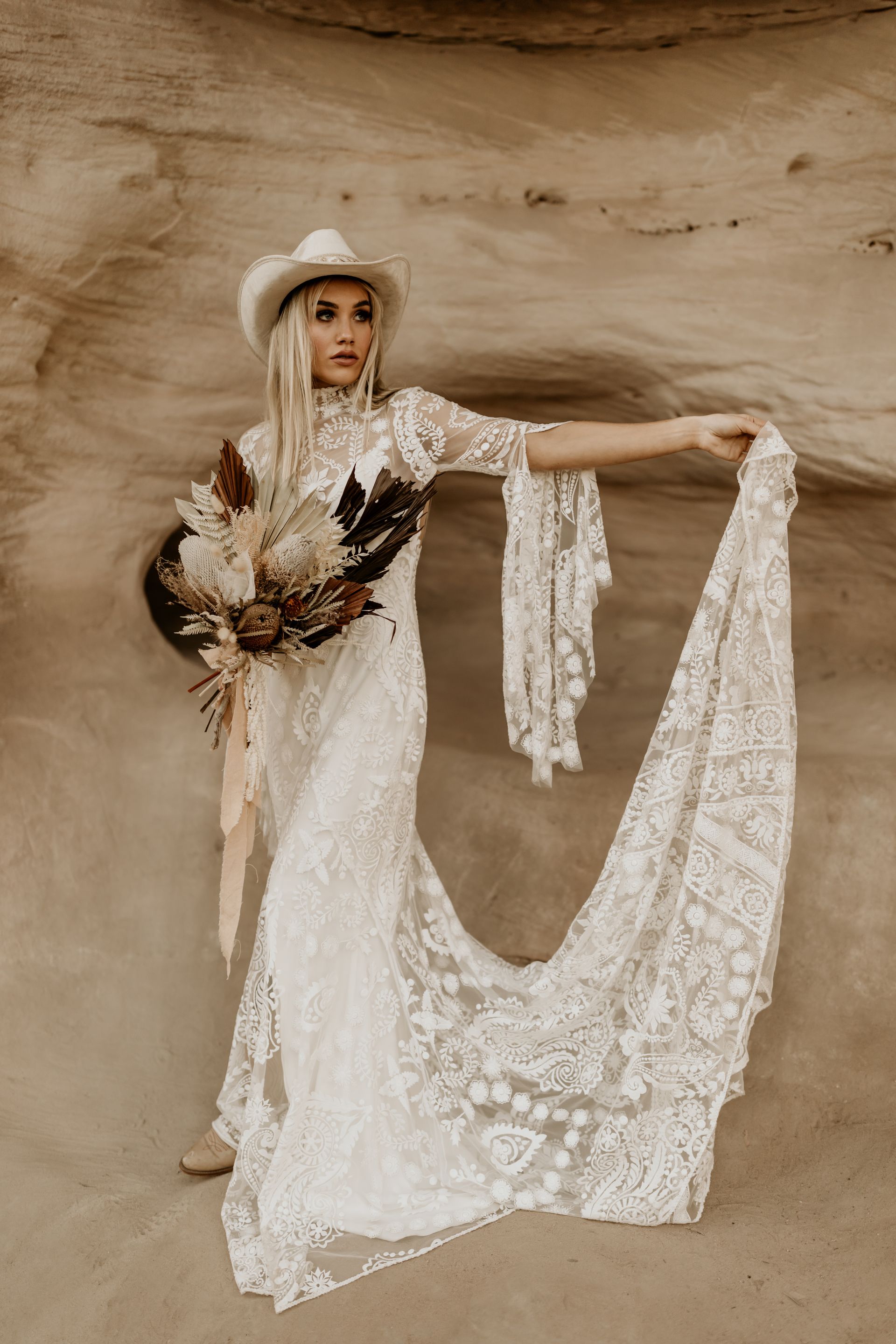 Bride in Lace Dress and Cowboy Hat — Denise's Flower Studio In Dubbo, NSW