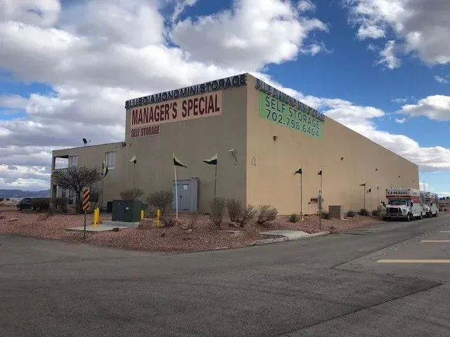 A beige storage facility with 