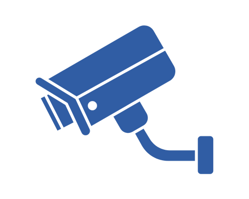 Blue security camera mounted on a wall.