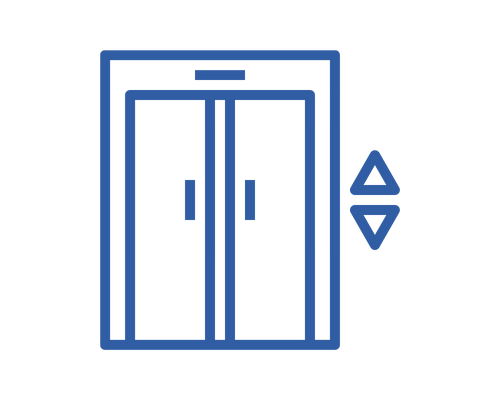 Blue elevator icon with up and down buttons.