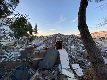 A pile of rubble is sitting next to a tree in a field.