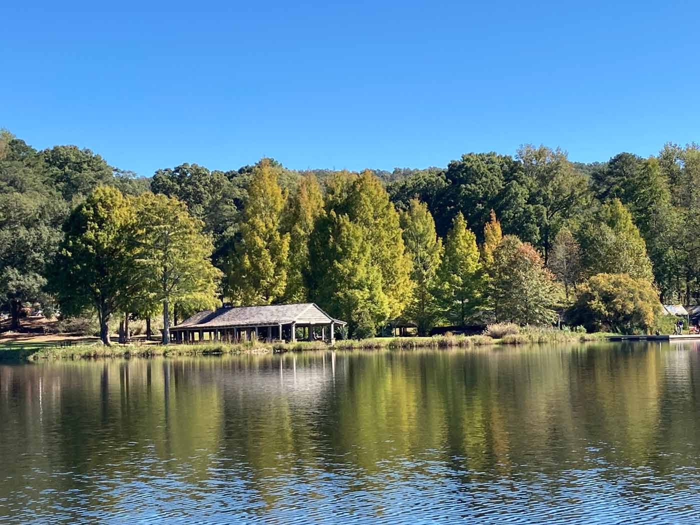 A lake surrounded by trees and a pavilion on a sunny day.