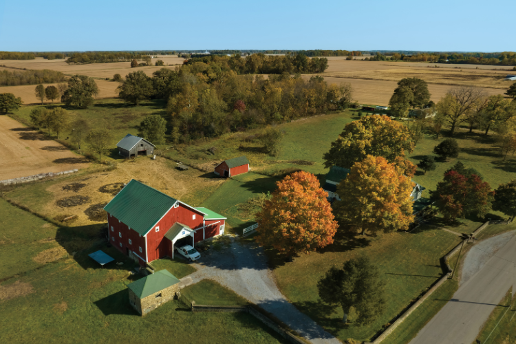 A red barn with a green roof sits beside a driveway in a rural field with autumn trees.