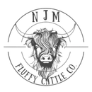 Black-and-white logo of a shaggy Highland cow with “NJM” and “FLUFFY CATTLE CO.” text
