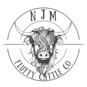 NJM Fluffy Cattle Co. logo with a detailed black-and-white fluffy cattle head in a circular design