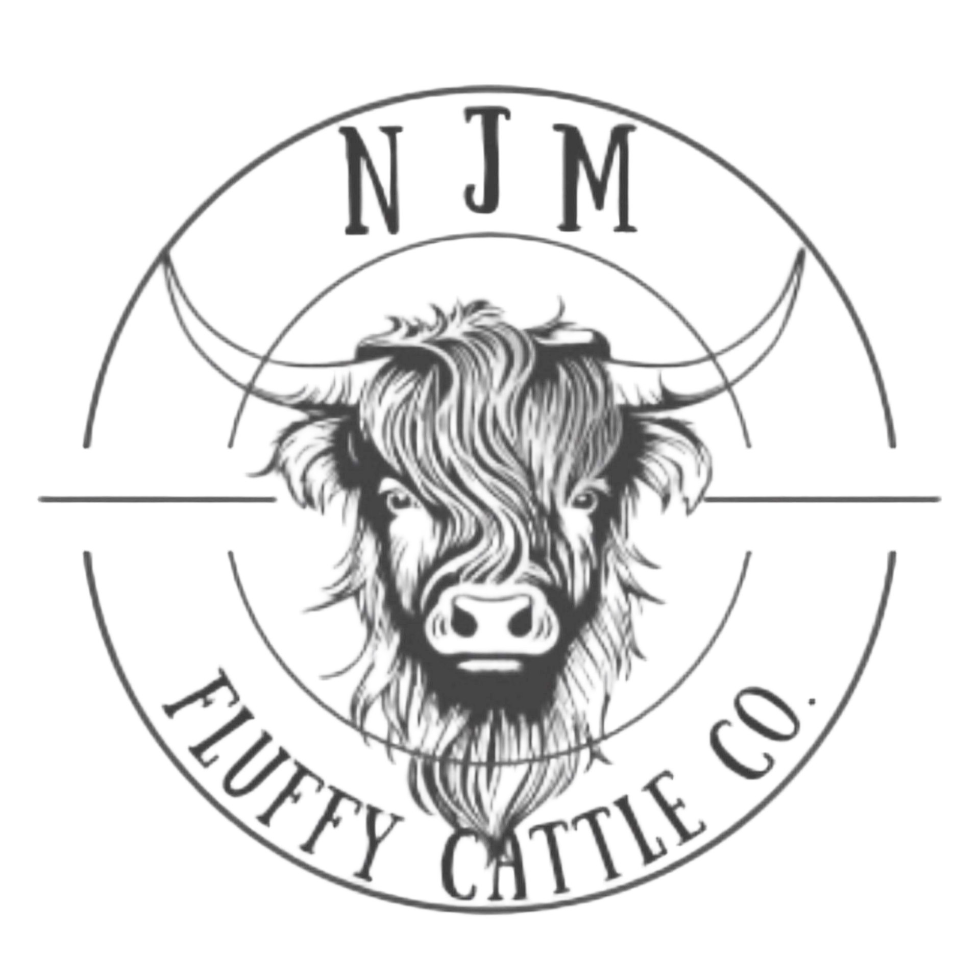 Black-and-white logo of a shaggy Highland cow with &ldquo;NJM&rdquo; and &ldquo;FLUFFY CATTLE CO.&rdquo; text