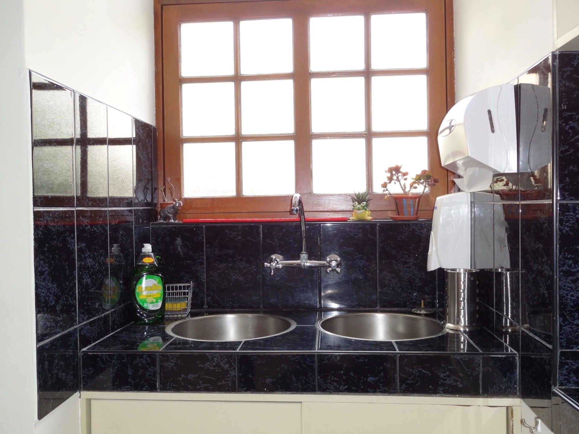 Small kitchen sink area with two basins, black tile walls, and a window above the counter.