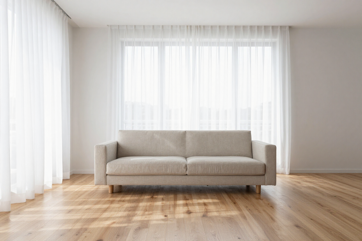 Sunlit Nordic minimalist living room with light oak floors and linen sofa