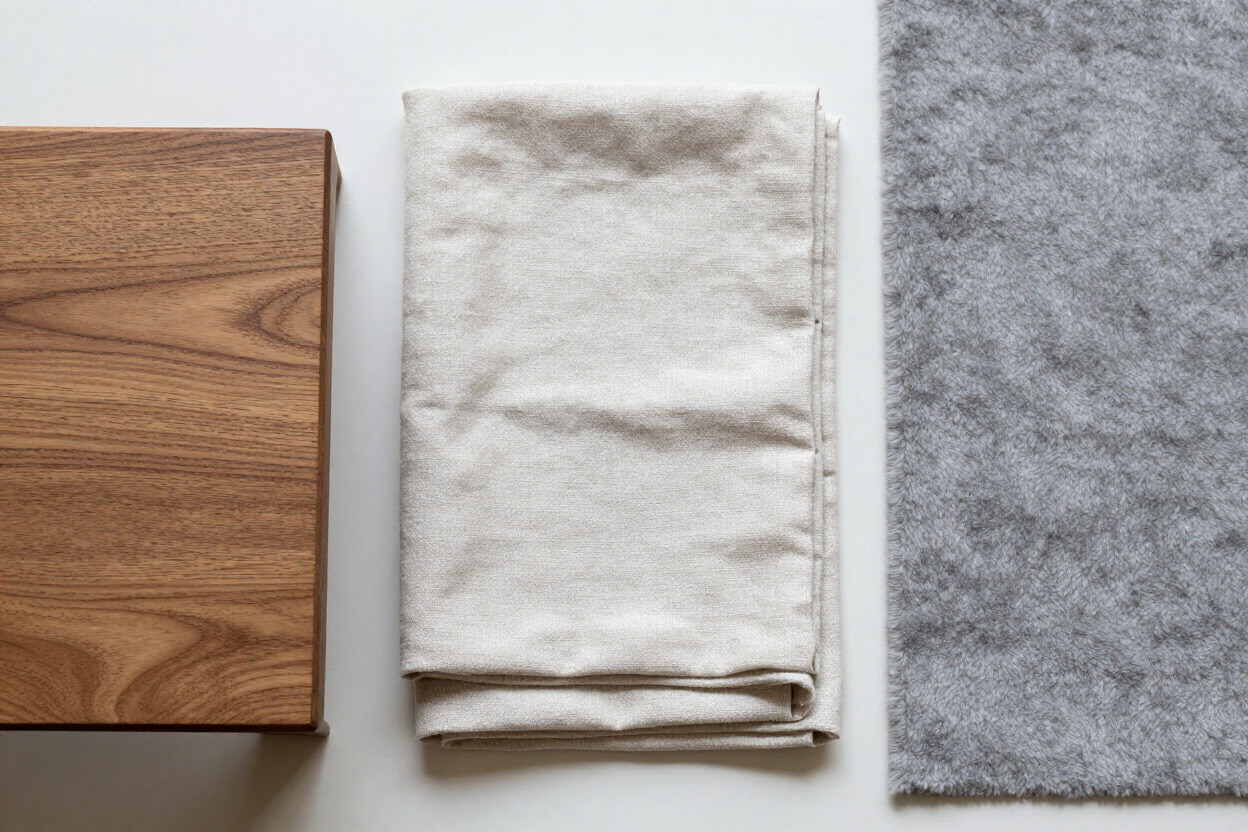 Close composition of wood, linen, and wool material swatches in natural light