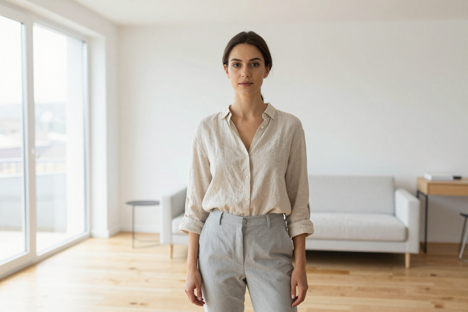 Portrait of the lead designer in a bright minimalist apartment