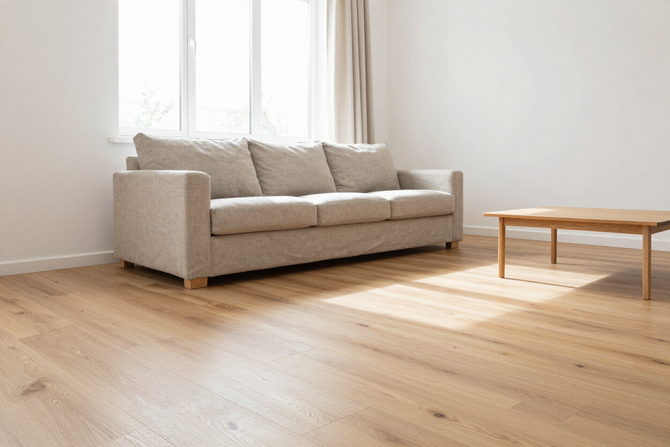 Bright Scandinavian living room with light oak floors and a linen sofa
