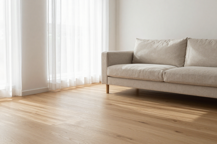 Sunlit Nordic living room with light oak flooring, a low linen sofa, and sheer curtains