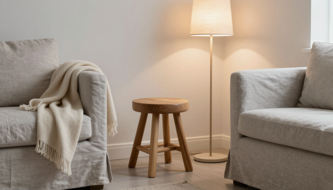Softly lit apartment corner with natural textures