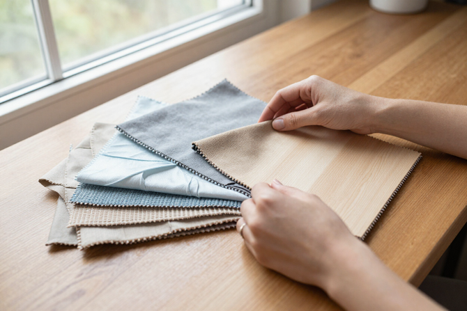 Designer arranging fabric swatches and wood samples
