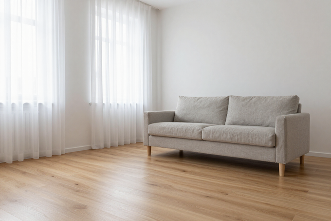 Bright Nordic living room with light oak flooring and linen sofa