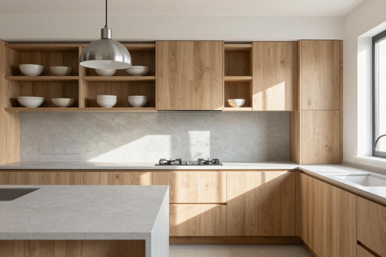 Bright galley kitchen with pale oak cabinetry